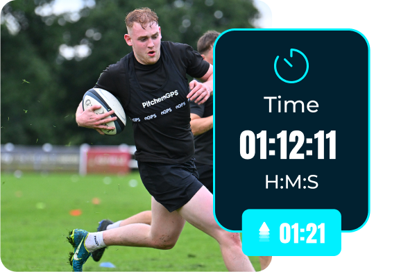 Rugby player wearing a GPS Vest recording their total active time