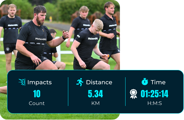 Rugby players wearing a GPS Vest recording their impacts, distance and time