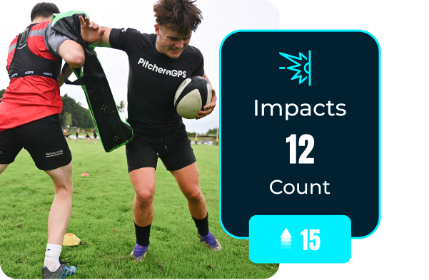 Rugby player wearing a GPS Vest recording impact count