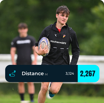 Rugby player wearing a GPS Vest recording their total distance