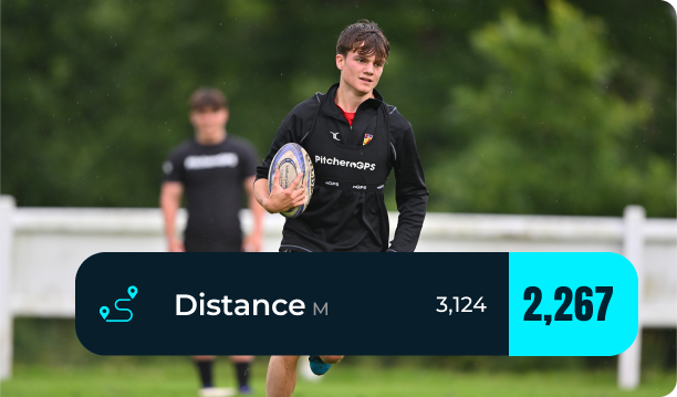 Rugby player wearing a GPS Vest recording their total distance